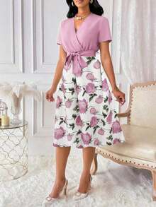 Vestido de mujer con cuello en V y cinturón, manga corta, vestido largo de verano para mujer - Rosa - Ver 5