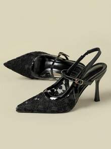 Giày sandal liền thân cho nữ, quai cài, phối ren tương phản, chất liệu trong suốt, kiểu dáng thanh lịch, cao gót. - màu đen - Xem 5