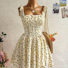 Nuevo vestido mini de línea A con cordones, estilo dulce y lindo, bohemio, romántico con estampado floral, para vacaciones, fiesta, cita, San Valentín, Pascua, carnaval, té de la tarde, playa, crucero, vacaciones en la ciudad - Multicolor - Ver 2