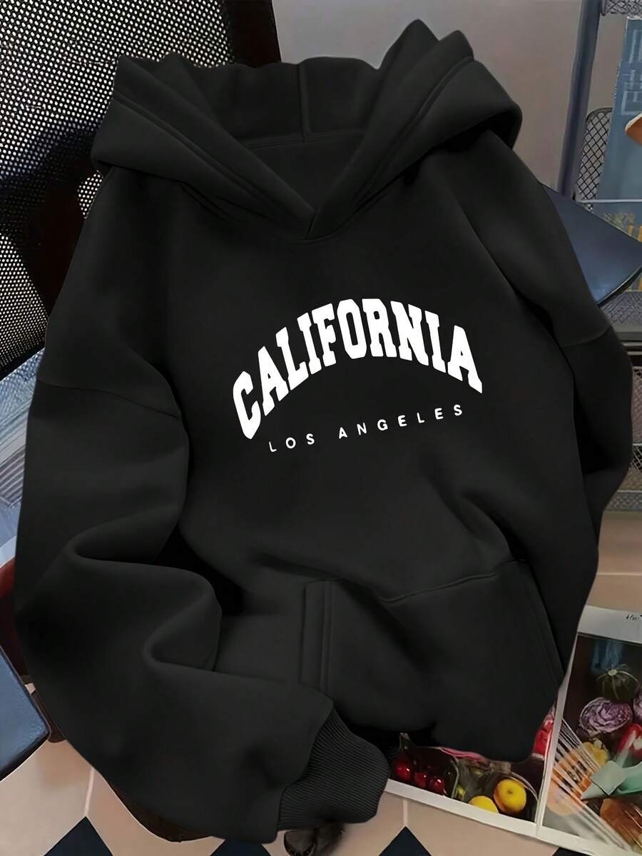 D92 Sweat à capuche ample, sweat à capuche à la mode et polyvalent avec imprimé Californie, convient pour le printemps et l'automne, Femmes L14676 - Noir - Voir 1