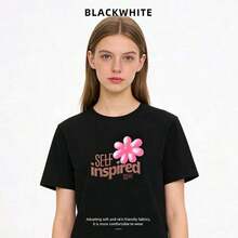 Women's Summer Outfits, Short Sleeve T-Shirt With Feminine Print, Sweet And Fresh Style, Casual, Thick Cotton, 100% Cotton - 黑色 - 查看 7