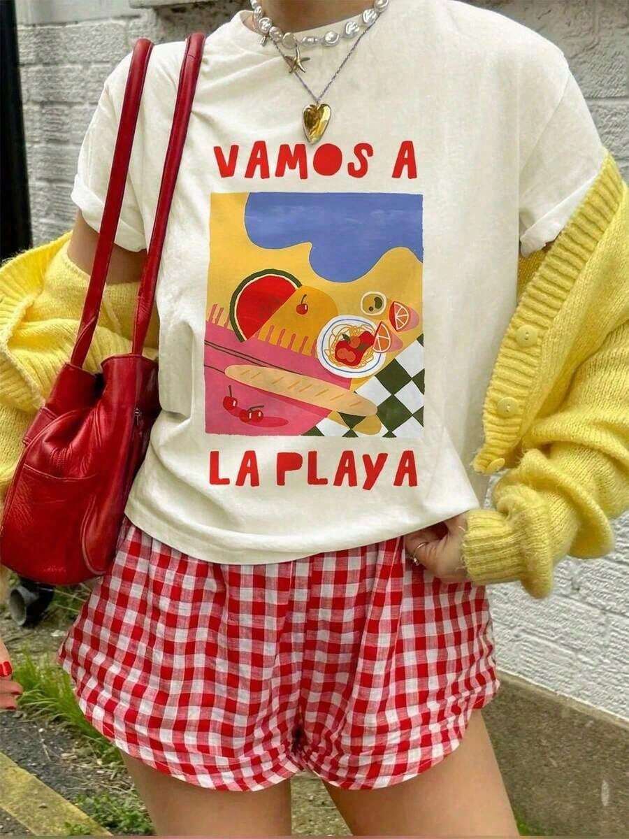 Women's Spanish Beach Graphic Tee, Vamos A Sum, Vintage Women's Clothing, Tropical Vacation Tops, Breathable And Comfortable For Summer. - 白色 - 查看 1