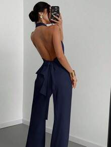 de dos piezas de top sin mangas con cuello en V asimétrico elegante y romántico, y pantalones rectos holgados de color caqui, adecuado para verano, playa, vacaciones - Azul marino - Ver 5
