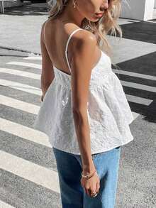 Top de camisa sin mangas de mujer con volantes y estampado floral de jacquard para vacaciones y ocio, uso casual diario, tops de verano, tops cortos de mujer, tops para salir de mujer - Blanco - Ver 4