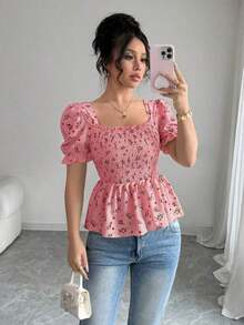Blusa elegante de mujer con estampado floral diminuto y ajuste ceñido - Rosado Sandía - Ver 1