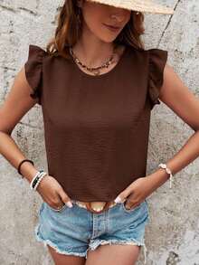 Frenchy Blusa de verano para mujer con volantes y cruce de tirantes en la espalda en color liso - Café integral - Ver 4