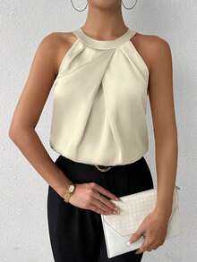 Blusa de crepé champán con cuello fruncido, sin mangas, elegante y sencilla para la oficina, para uso diario y de oficina - Beis - Ver 4