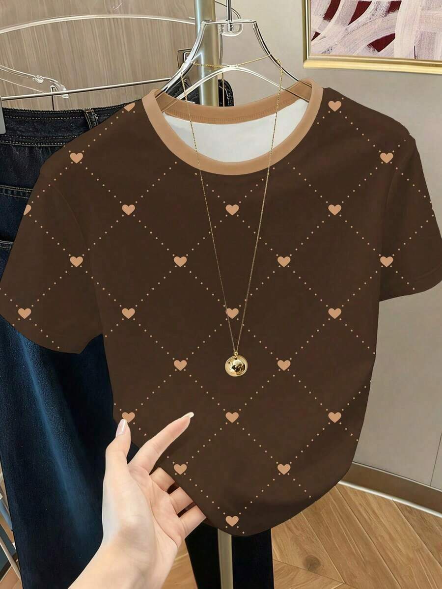 Camiseta de mujer con cuello redondo, estampado de corazones y lunares, y bloques de color - Marrón - Ver 1