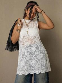 Freevana Blusa sin mangas con estampado floral vintage bohemio y encaje, talla grande, nueva llegada de primavera, adecuada para el Día de San Valentín, festivales de música - Blanco - Ver 9