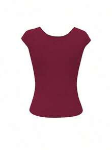 Camiseta de mujer de manga corta con cuello en V, ajuste ceñido, textura ondulada de jacquard, elegante y versátil para uso diario, color rosa, dulce y grácil, juvenil - Burdeos - Ver 4
