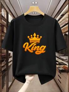 Men's 100% Cotton T-Shirt, Plus Size, With Crowned King Print (Compatible With Crown) - Soft Crew Neck, Short Sleeve, Basic Casual Style, Suitable For PLUS SIZES. - 黑色 - 查看 6