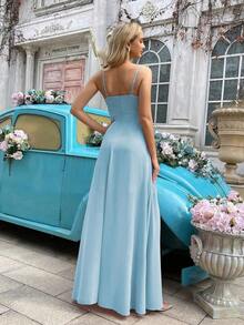 Vestido formal elegante y minimalista para mujer, vestido de dama de honor de verano, adecuado para bodas, invitados, galas, eventos formales, fiestas de compromiso, bodas de jardín - Vestido largo de dama de honor con cuello drapeado, bajo asimétrico y tirantes, unicolor, primavera - Celeste - Ver 2
