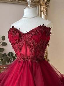 Elegante y lujoso vestido corto hecho a mano con aplicaciones bordadas, encaje de ganchillo y parches de satén, con abertura en la cintura, adecuado para citas, fiestas de solteros, galas, bailes, Día de San Valentín - Burdeos - Ver 2