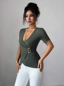 Camiseta de ajuste ceñido de color liso elegante para mujer en verano - Verde militar - Ver 7