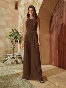 trasero de espalda abierta Top halter & Pantalones de pierna ancha - Marrón - Ver 8