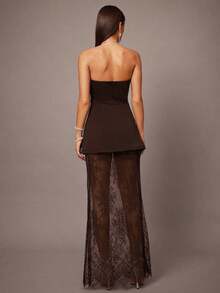 Set de 2 piezas con top corto tipo bustier negro y minifalda con dobladillo de encaje, adecuado para citas, graduaciones, conciertos, vestidos de dama de honor, bodas, ocasiones románticas, estilo minimalista, conjunto elegante para uso diario - Café integral - Ver 2