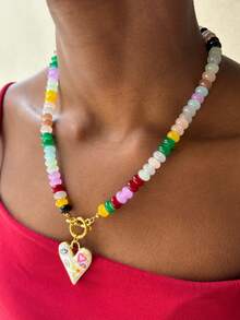 Handmade Colorful Beaded Necklace With OT Clasp And Heart Pendant, Vintage Fashion Choker For Women - Colorful Beads - View 4