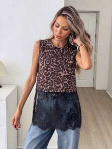 Top sin mangas de mujer con cuello redondo y dobladillo de encaje, primavera/verano - Multicolor - Ver 7