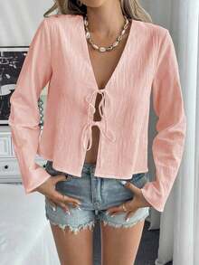 Blusa suelta de hombros caídos con nudo delantero, unicolor, de estilo informal, con mangas acampanadas para mujer - Rosa Pálido - Ver 5