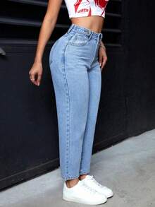 Pantalones vaqueros informales de mujer con bolsillos de forma cónica y multiusos - Azul - Ver 4