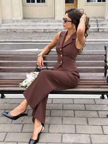 Conjunto de 2 piezas de top sin mangas y pantalones de unicolor casual y de oficina para mujer, para verano - Marrón - Ver 7