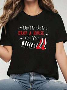 Women's Casual Summer Short Sleeve Crew Neck T-Shirt, Fun Wizard Of Oz Print, Loose Fit, Summer Tops, Women's Tops, For Daily Outings, Mother's Day Gift, Black, Short Sleeve - 黑色 - 查看 9