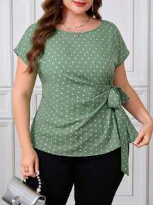 Camisa casual de manga corta con diseño plisado y teñido anudado para mujer de talla grande, adecuada para vacaciones, fiestas y salidas - Verde 2 - Ver 5