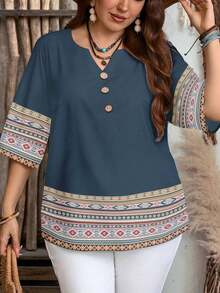 Camisa casual de mujer con cuello en V y botones, de manga corta y estampado geométrico - Multicolor 8 - Ver 3