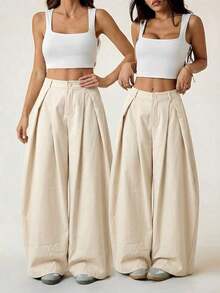 Pantalones anchos de verano con dobladillo curvo verde, estilo vintage, casual y para salir - Albaricoque - Ver 5