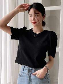 Blusa con mangas abullonadas y atar en la espalda, tops cortos para mujeres - Negro - Ver 6