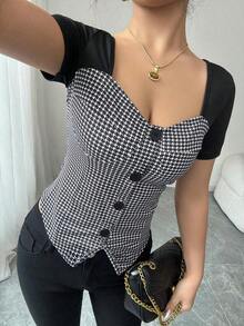Blusa de trabajo elegante y casual con botones delanteros y manga corta, silueta entallada para dama - Multicolor - Ver 7