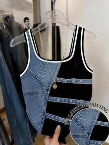 Camiseta de tirantes ajustada con estampado de denim para mujer de talla grande - Multicolor 5 - Ver 5