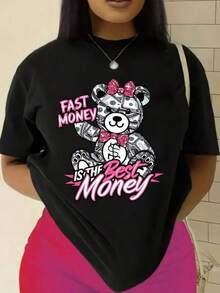 New 2026 Women's T-Shirts, Couple T-Shirts, Y2K T-Shirt With A Fun And Cool Bear Design That Says "Fast Money Is The Best Money," Ideal For Urban Fashion Lovers In Mexico, Perfect For Standing Out On Any Occasion, Only One Unit Available! - 黑色 - 查看 6