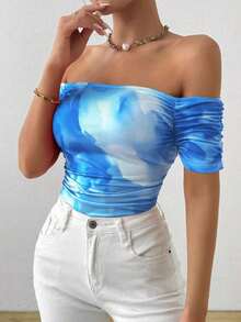 Camiseta de manga corta plisada con cuello recto en línea - Celeste - Ver 4