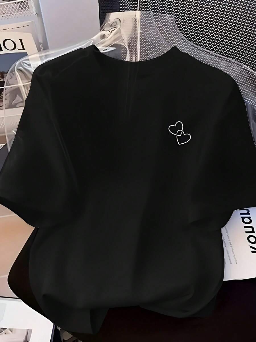 Y2K Women's T-Shirt With Geometric Pattern And Heart Shape - Black - View 1