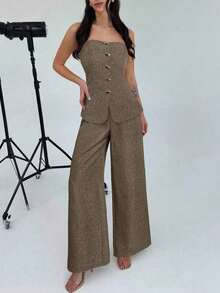 Conjunto de 2 piezas para mujer con top bandeau con botones metálicos elegantes y minimalistas, y pantalones anchos de talle alto en caqui, adecuado para la oficina, el ocio y las vacaciones - Marrón Mocha - Ver 7