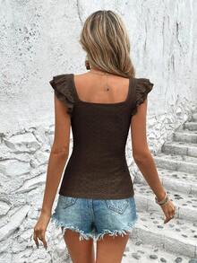 Camiseta con bordado con ojal de manga mariposa de cuello cuadrado - Marrón - Ver 2