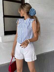 Camisa casual con lazo drapeado - Camisa casual moderna - Camisa casual de vacaciones - Azul y blanco - Ver 5