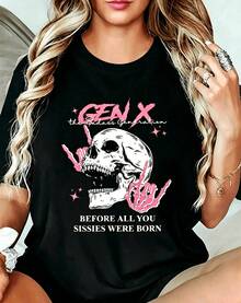 Women's Short-Sleeved Crew Neck T-Shirt With Skull Print, Made Of 100% Pure Cotton Fabric, Soft And With A Flowing Drape, Suitable For Daily Wear, Office, School, Vacation, Camping, Versatile Style, Making Your Summer More Vibrant And Colorful. - 黑色 - 查看 6