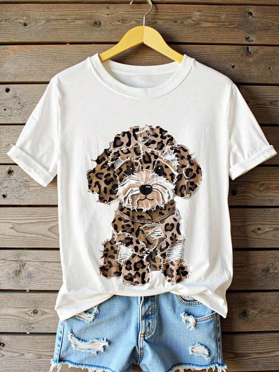1 Pieza de Camiseta Casual de Moda para Hombres y Mujeres con Estampado Gráfico de Perro en Estilo Vintage, Camiseta de Manga Corta con Cuello Redondo para Mujer, Estilo Minimalista para Uso Diario, Adecuada para Uso en Exteriores. Versátil, fácil de combinar, ideal para uso diario, estilo urbano, conjuntos de vacaciones, conjuntos de fin de semana. - Blanco 3 - Ver 1