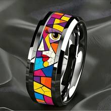 8mm Steel Color Tungsten Carbide Beveled Edge Ring, Decorated With Picasso Style Abstract Human Face Pattern, Artistic 3D Personalized Ring, Comfortable Fit Unisex Jewelry, Suitable As Gift For Art Lovers - Abstract Human Face - View 3