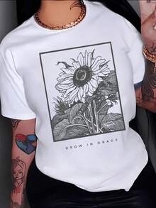 Sunflower Symbolizing Inner Strength And Personal Growth, Showing How Light And Hope Transform Each Day. Women's Casual White T-Shirt With Positive Message: Grow In Grace - 白色 - 查看 8