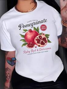 Juicy And Bright Pomegranate Symbolizes Vitality And Freshness, With Green Leaves Representing Natural Abundance And Positive Energy. A Comfortable, Modern, Casual Women's T-Shirt For Everyday Wear. - 白色 - 查看 8