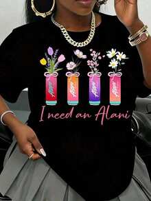 Necesito una camiseta con estampado de flores Alani para mujer, top casual de moda, camiseta gráfica, 100% algodón. - Negro - Ver 2