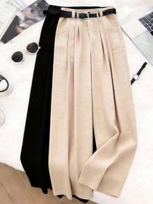 Pantalones anchos casuales y sueltos para mujer con bolsillos, decoración de cinturón en la cintura, diseñados para mujeres, adecuados para negocios, oficina, uniforme de maestro, uso casual versátil de moda, pantalones anchos para ir y venir, aptos para primavera, verano y otoño - Albaricoque - Ver 6