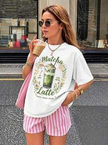 Camiseta de Mujer con Estampado de Té Matcha - Blusa Suave de Corte Holgado, Manga Corta y Cuello Redondo - Top Compatible Adecuado para Atuendos Casuales, Lavable a Máquina - Blanco - Ver 6