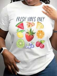 Casual T-Shirt With Fruit Print, Summer Style, Casual Clothing For Women And Girls, Perfect For Beach, Picnic Or Daily Outings, 220g, 100% Cotton, Durable - 白色 - 查看 7
