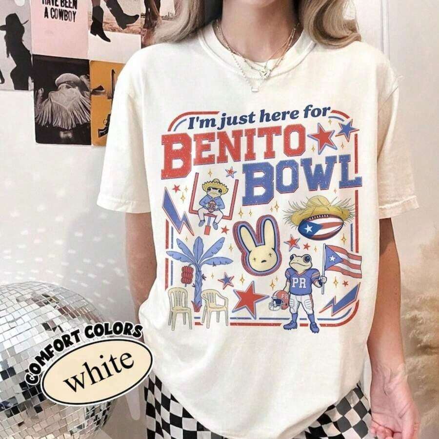 Camiseta Benito Bowl, Camiseta Divertida con Gráficos para Fanáticos del Fútbol, Camiseta para el Show del Entretiempo, Camisetas para Fanáticos del Gran Partido, Camiseta de Cuello Redondo - Blanco - Ver 1