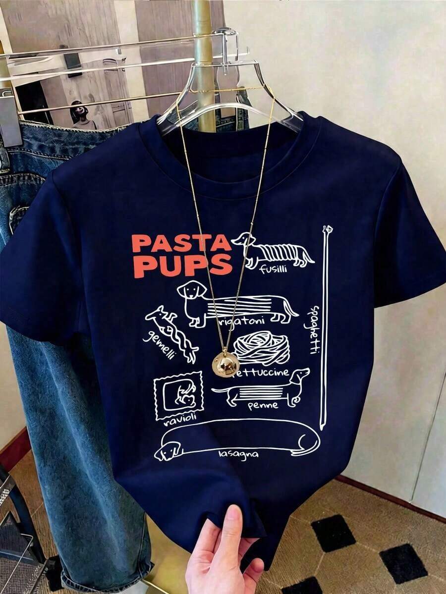 Camiseta de manga corta con cuello redondo para mujer, con estampado de perrito pasta, de alta elasticidad, estilo estándar italiano, cómoda y casual, adecuada para el verano, color blanco. - Azul Marino - Ver 1