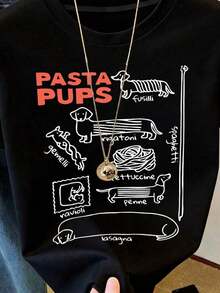 Women's Short-Sleeved T-Shirt With Round Neck, Pasta Dog Print, High Elasticity, Italian Standard Style, Comfortable And Casual, Suitable For Summer, White Color. - 黑色 - 查看 4